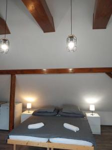 1 dormitorio con 1 cama con 2 almohadas en U Martuly, en Ružomberok