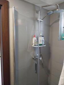 baño con ducha y puerta de cristal en U Martuly, en Ružomberok