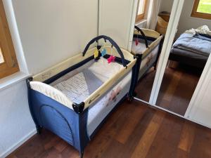 - un lit bébé dans une chambre avec ainylinylinyl dans l'établissement Zentral, Ruhig, Sonnig, Modern, à Lenzerheide