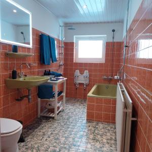 ein Badezimmer mit einem Waschbecken, einer Badewanne und einem WC in der Unterkunft De Mast bij Fort Vechten on the countryside & close to Utrecht in Bunnik