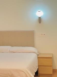 a bedroom with a bed and a light on the wall at Apartamentos Lidar in Bilbao