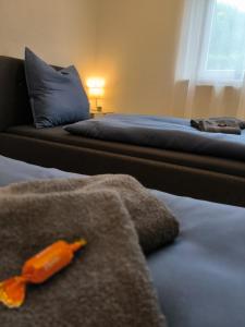 1 dormitorio con 2 camas y una zanahoria en la cama en Best Bodensee FeWo, en Friedrichshafen
