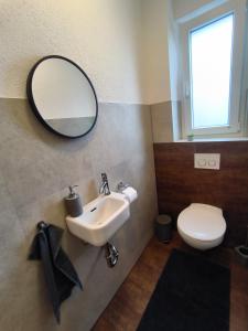 ein Badezimmer mit einem Waschbecken, einem Spiegel und einem WC in der Unterkunft Best Bodensee FeWo in Friedrichshafen