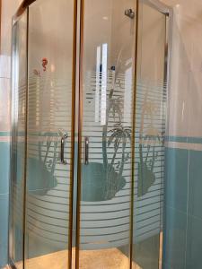 uma cabina de duche em vidro com uma planta em M&R Boutique Apartment in Orikum em Orikum