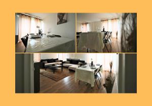 een collage van vier foto's van een woonkamer met een tafel bij Cocon Parisien au Plessis - Court de tennis privé in Le Plessis-Bouchard