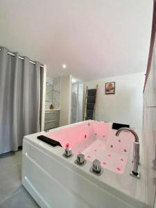 Habitación con baño con bañera rosa. en LOFT Jardin et Spa, en Bressuire