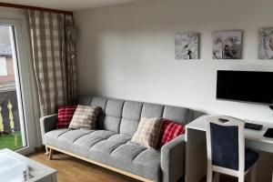 sala de estar con sofá gris con almohadas en Gemütliche Wohnung in Häusern, en Häusern