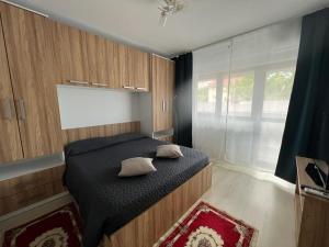1 dormitorio con cama y ventana grande en Semnului Apartament, en Iaşi