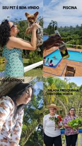 a collage of pictures of people and a pool at Chácara da Promessa de Deus in Icatuaçu