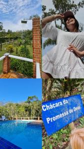 un collage de photos d'une femme à côté d'une piscine dans l'établissement Chácara da Promessa de Deus, à Icatuaçu