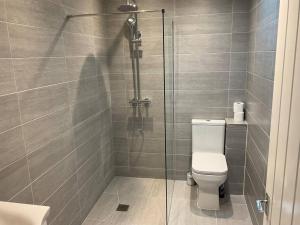 W łazience znajduje się toaleta i przeszklony prysznic. w obiekcie Beautiful Holiday Cottage w mieście Ashbourne