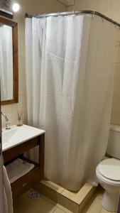 a bathroom with a shower curtain and a toilet at Nueva Serena in San Carlos de Bariloche