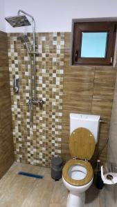 uma casa de banho com um WC, uma janela e um chuveiro em Popas Momaia em Curtea de Argeş