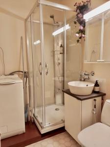 La salle de bains est pourvue d'une douche et d'un lavabo. dans l'établissement Kaksio idyllisellä alueella lähellä luontoa., à Kuopio