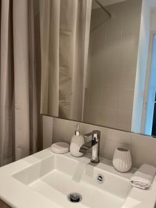 ein Waschbecken mit einem Spiegel und einem Waschbecken in der Unterkunft Appartement T5 in Montpellier