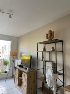 ein Wohnzimmer mit einem Schreibtisch, einem TV und einem Ventilator in der Unterkunft Appartement T5 in Montpellier