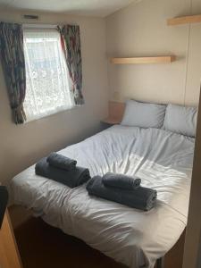 Duas almofadas sentadas numa cama num quarto em Fantasy Island, Sunnymede 8 Berth em Ingoldmells