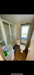 een badkamer met een wastafel, een toilet en een douche bij Fantasy Island, Sunnymede 8 Berth in Ingoldmells
