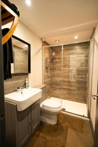 a bathroom with a toilet and a sink and a shower at Worfe View Cottage 