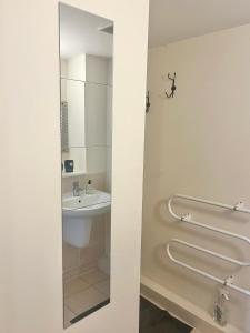a bathroom with a sink and a mirror at Ensuite Private Room in Central Stylish Flat in Leicester