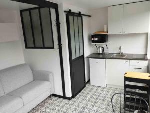 a living room with a couch and a kitchen at Studio Athis/Juvisy sur Orge in Athis-Mons