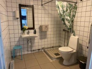 TyringeにあるLow budget bungalowsのバスルーム(トイレ、洗面台付)