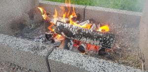 un fuoco in un forno di mattoni con fiamme di Dessans Café & Logi a Pello