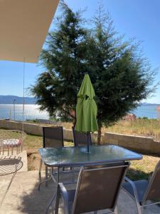 a table with a green umbrella on top of it at Villa Twins in Nov Dojran