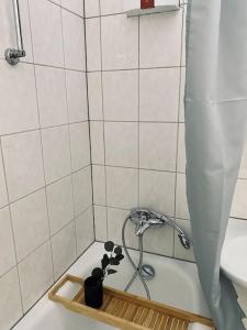 a bathroom with a bath tub with a faucet at Flat - WiFi + SmartTV + Balcony in Sankt Augustin