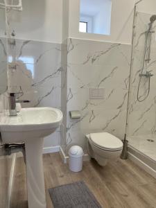 a bathroom with a sink and a toilet and a shower at Lake View in Borovoye