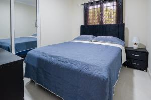 a bedroom with a blue bed and a mirror at Luxury, cozy apartment Malecon / 3 min Downtown in Santo Domingo +7 photos