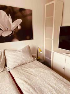 una camera con letto e TV a schermo piatto di Bakklandets Perle 3-roms a Trondheim