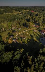 una vista aérea de un parque con árboles y un lago en Ragnar Glamp Milzkalne Lux, en Rauda