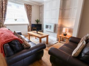a living room with a leather couch and a tv at Field View in Saltburn-by-the-Sea