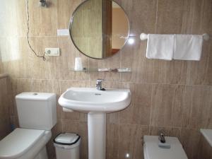 a bathroom with a sink and a toilet and a mirror at Hotel Brisas del Sella in Ribadesella