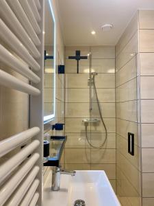 ein Bad mit einem Waschbecken und einer Dusche in der Unterkunft Rode Bosuil: thuiskomen op De Veluwe! in Otterlo