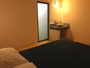 Un dormitorio con un lavabo, una cama y un espejo. en La Casa del Mercado, en San Miguel de Allende