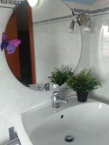a bathroom sink with a mirror and a butterfly on it at Villino Ulivo in Le Casette