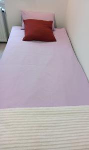 duże białe łóżko z czerwoną poduszką w obiekcie HOLA Apartamenty Narutowicza w Łodzi