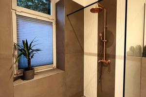 a shower in a bathroom with a window and a plant at 4YOUnic: Designer-Wohnung *Nähe Zentrum*kostenloser Parkplatz*Boxspringbett*55Zoll OLED*WLAN in Leipzig