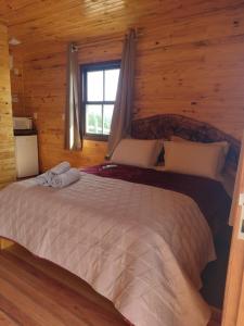 sypialnia z dużym łóżkiem w drewnianym domku w obiekcie HOSPEDAGEM CK w mieście Urubici