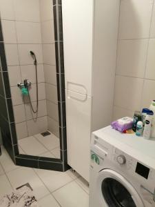 La salle de bains est pourvue d'une douche et d'un lave-linge. dans l'établissement Apartman Jana, à Doboj