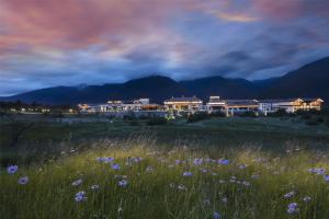 a field of flowers in front of a building at Hilton Linzhi Resort in Nyingchi