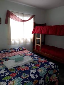 a bedroom with a bed and a window at Hostel Huellas Patagonicas in Junín de los Andes