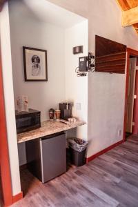 a small kitchen with a counter and a refrigerator at Creekside Cabins in Saint Ignatius