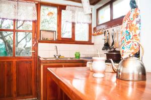 Hostel Huellas Patagonicas في جونين دي لوس أنديس: مطبخ مع غلاية شاي على كاونتر