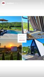 a collage of photos of a house and a pool at Glamping A frame lake in Barajevo