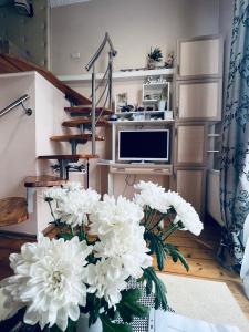 een vaas gevuld met witte bloemen in een woonkamer bij Apartment in the city center mini in Ivano-Frankivsʼk