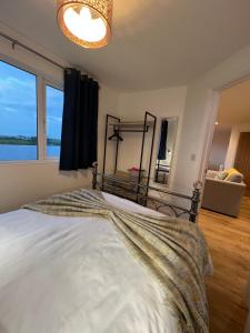 a bedroom with a large bed with a large window at Citrus Chalet in Redruth