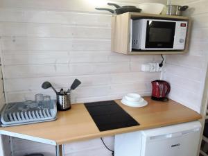 una pequeña cocina con encimera y microondas en New holiday homes for 2 people in Dziwnówek en Dziwnówek